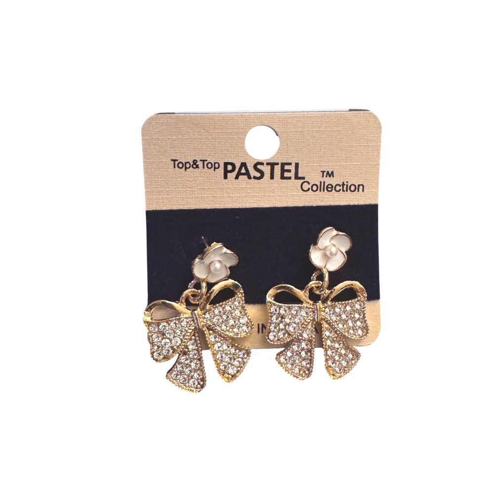 NWT Top&Top Pastel Collection Gold Tone Rhinestone Bow Flower Drop Earrings
